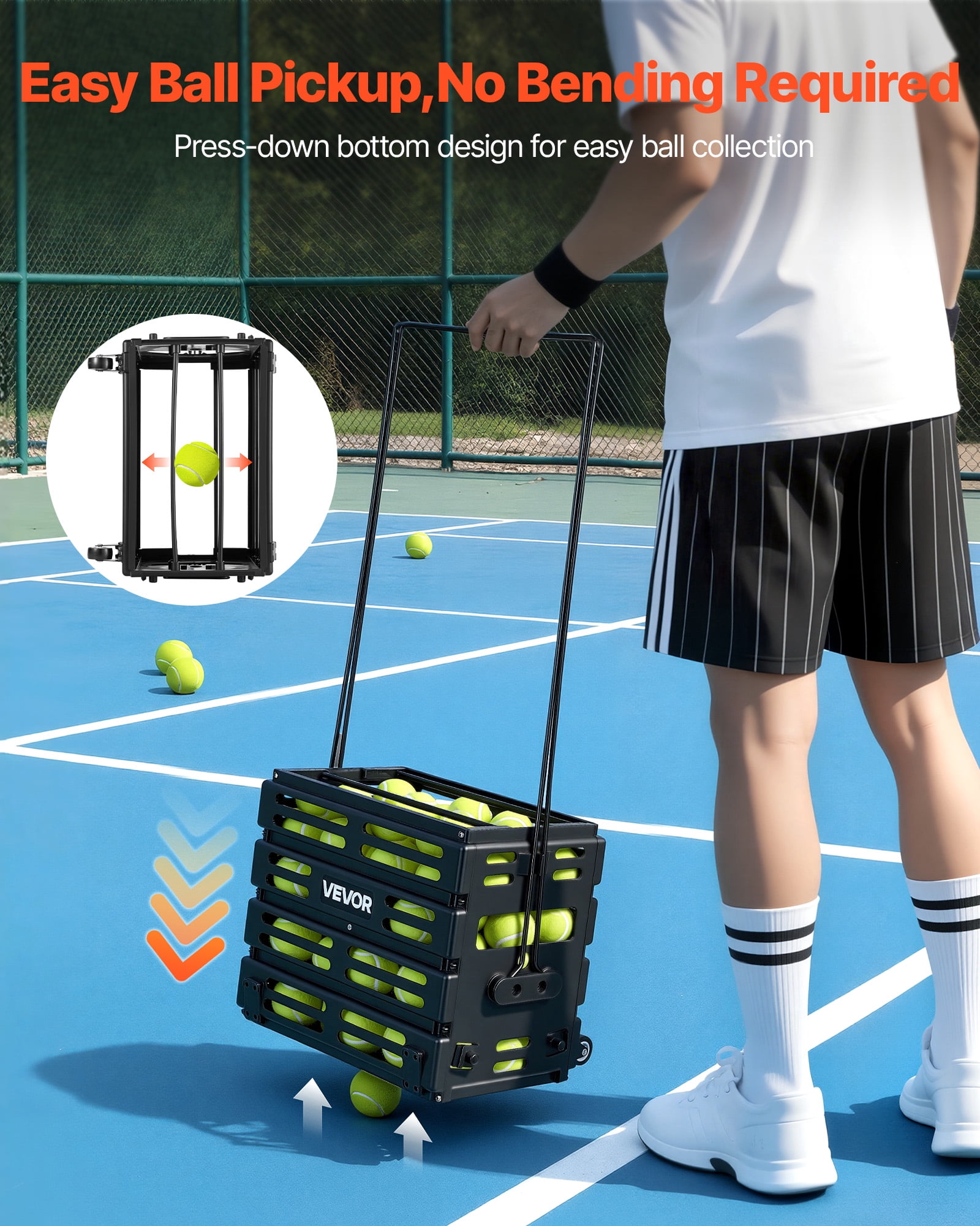 VEVOR Tennis Ball Hopper, Holds 80 Tennis Balls, Pickleball Basket Cart with Wheels for Easy Pick Up, Portable Pickleball Collection Caddy with Heavy-Duty Construction, for Training Carrying Storage