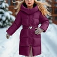 thumbnail image 2 of Girls Puffer Coat Mid Length Hooded Tunic Down Jacket Long Sleeve Thicken Warm Winter Overcoat with Pockets (12 Years, Wine), 2 of 5