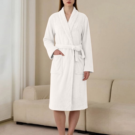 SELONE Fluffy Bathrobes for Women Coral Fleece Robe Lace up Long Sleeve Sleepwear with Pockets Spa Shower Housecoat