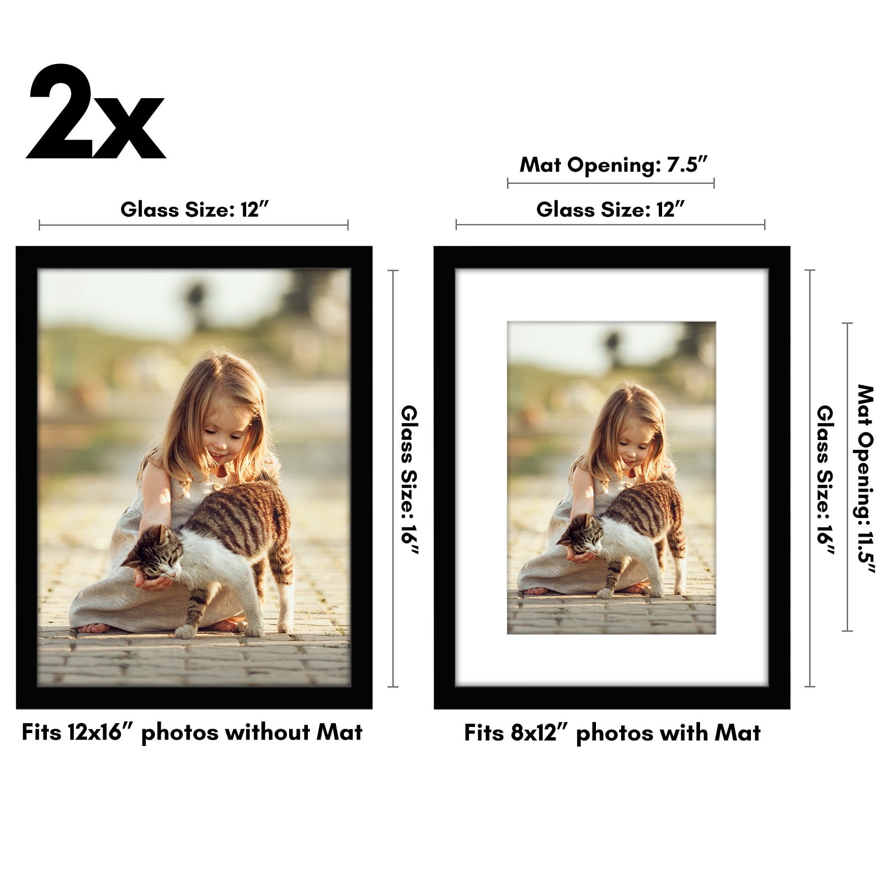 Americanflat 12x16 Picture Frame with Shatter-Resistant Glass with 8x12 Mat 2 Pack Display Photo Wall - Black