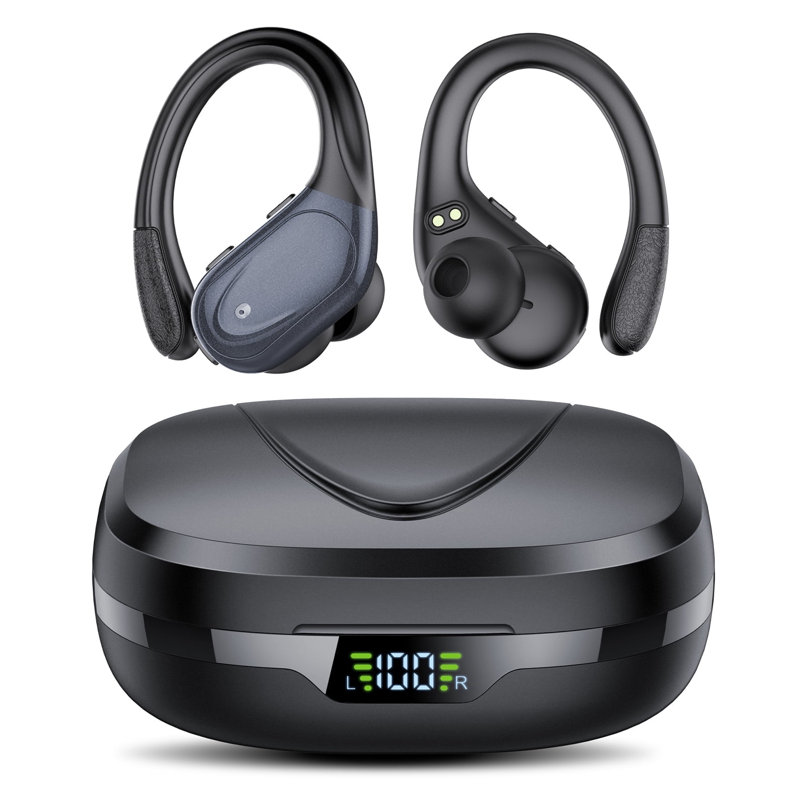 Wireless Earbuds Bluetooth Headphones with Earhooks, 60H Playtime LED Display, Deep Bass Over Ear Buds, IPX7 Waterproof Sport Earphones Built-in Mic for iPhone Android Running Gym, Black