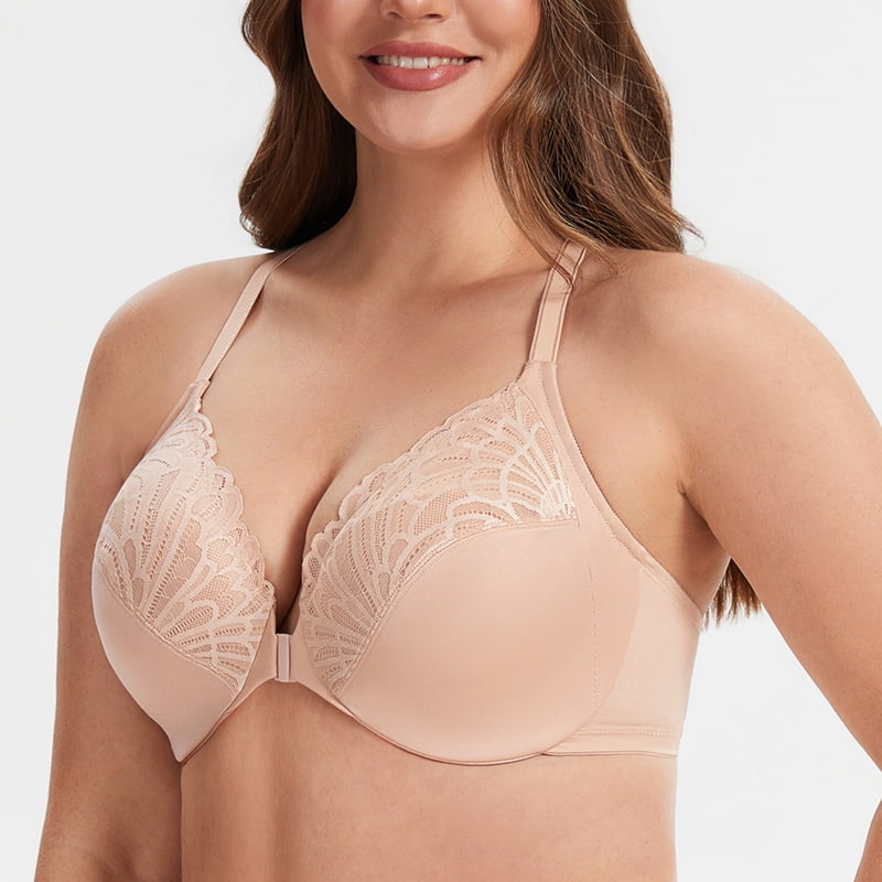 MELENECA Women's Racerback Front Closure Lace Unlined Plus Size Full Coverage Underwire Bra Pale Nude 40B