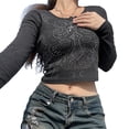 thumbnail image 2 of Fortune Women Crop Top Black Rhinestone Pattern Round Neck Long Sleeve Blouse, 2 of 7