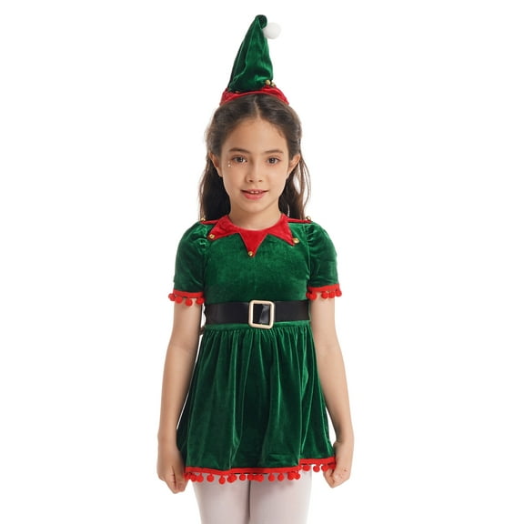 YEAHDOR Kids Girls Christmas Costume Princess Velvet Dress with Belt Hat Santa Claus Gown Festive Suit Green 12-18 Months