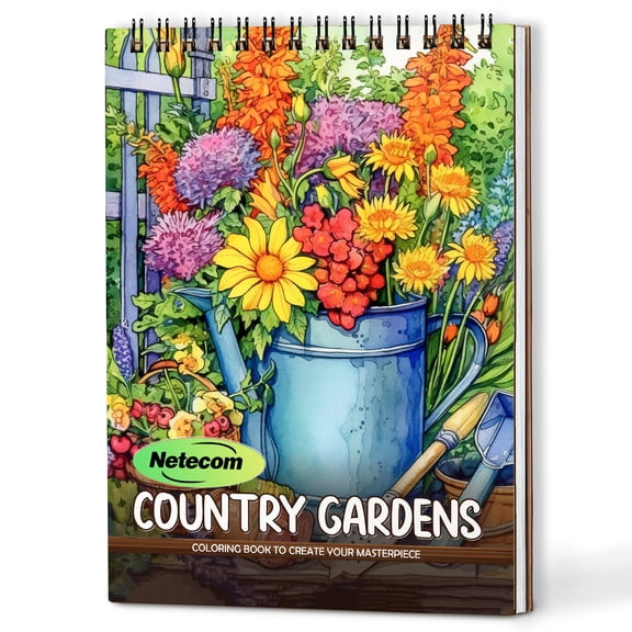 Netecom Country Gardens Coloring Book Spiral Bound For Adults, A5 Wooden Cover, 30 Charming Coloring Pages of Tranquil Gardens and Vibrant Blooms for Stress Relief and Relaxation