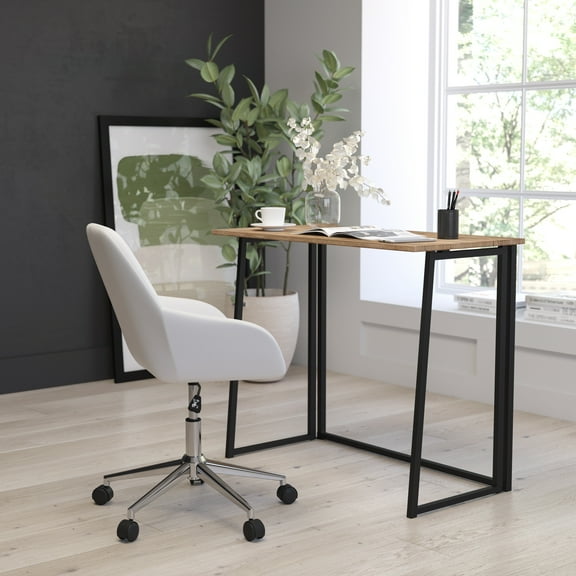 Merrick Lane Rustic Natural Folding Computer Desk with Wood Grain Finish Top and Black Folding Metal Legs