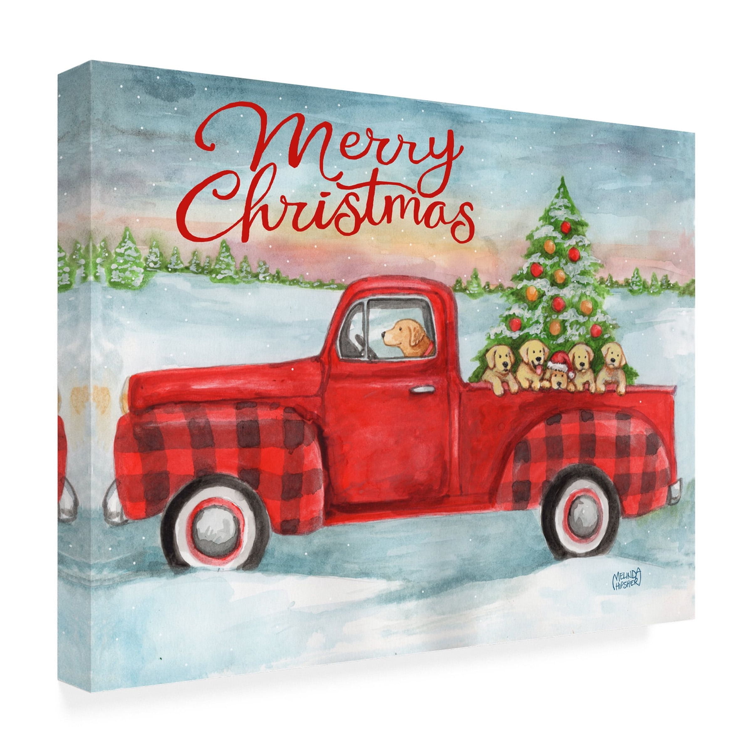 Melinda Hipsher 'Red Plaid Truck With Puppies Christmas' Canvas Art