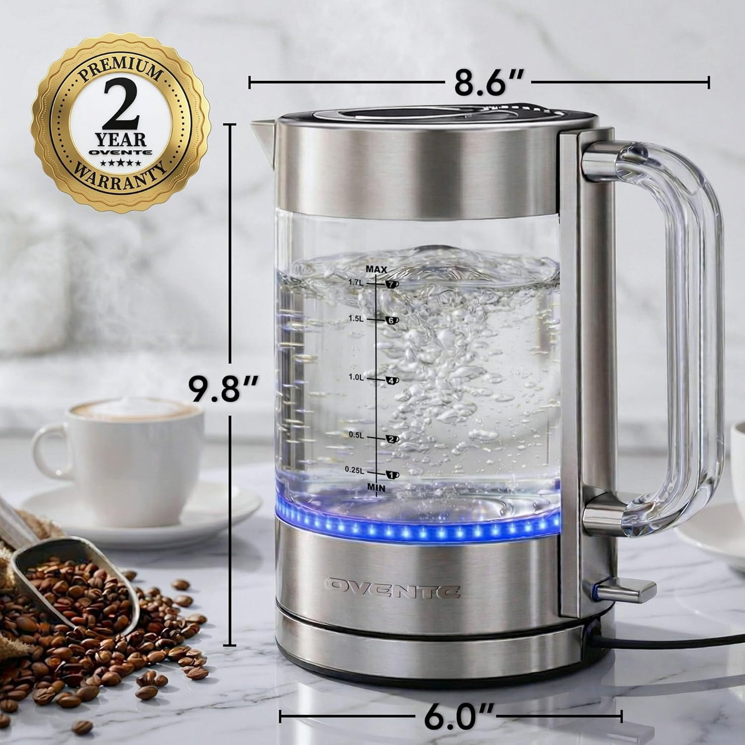 OVENTE Electric Kettle, 1.7L Double Wall Glass Tea Kettle with Stainless Steel Base, Acrylic Handle, 1500W Cordless Fast Boil Borosilicate Water Boiler, Easy Fill Lid & Auto Shut-Off, Silver KG912S