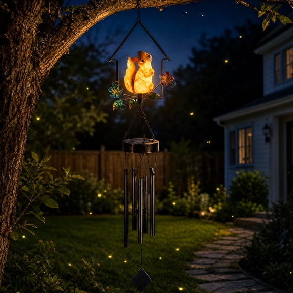 BSHAPPLUS® 42" Solar Wind Chimes for Outside,3D Squirrel House Design with Warm LED Light,Retro Metal Tube Wind Chime,IP65 Waterproof Outdoor Decor for Garden Patio Yard,Housewarming Gift