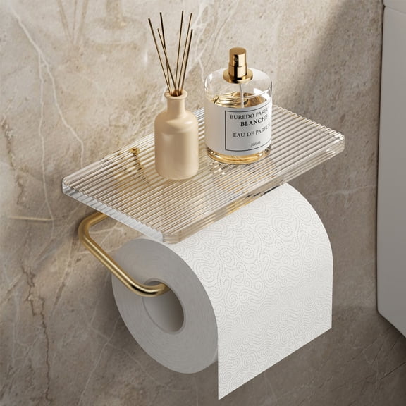 Brushed Gold Wall Mount Toilet Paper Holder with Clear Fluted Acrylic Storage Shelf, Rustproof Aluminum Bathroom Tissue Roll Holder Modern Bathroom Decor