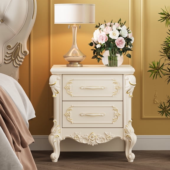 OXYLIFE Nightstand with Carved Patterns and 2-Drawers,Wooden Night Stand Bedside Table,Versatile Sofa End Bed Side Table for Bedroom Living Room,Beige