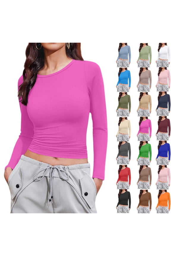 Long Sleeve Shirts Womens Crew Neck Basic Going Out Stretchy Slim Fit Y2k Crop Tops Hot Pink XS