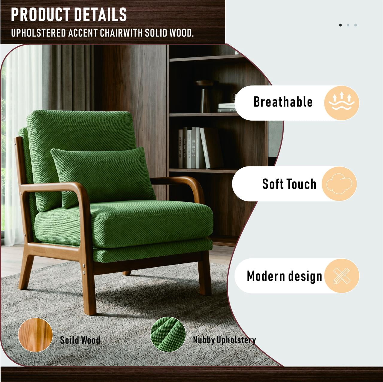 Homy Casa Mid-Century Accent Chair, Comfy Upholstered Reading Chair with Solid Wood Arms, Green