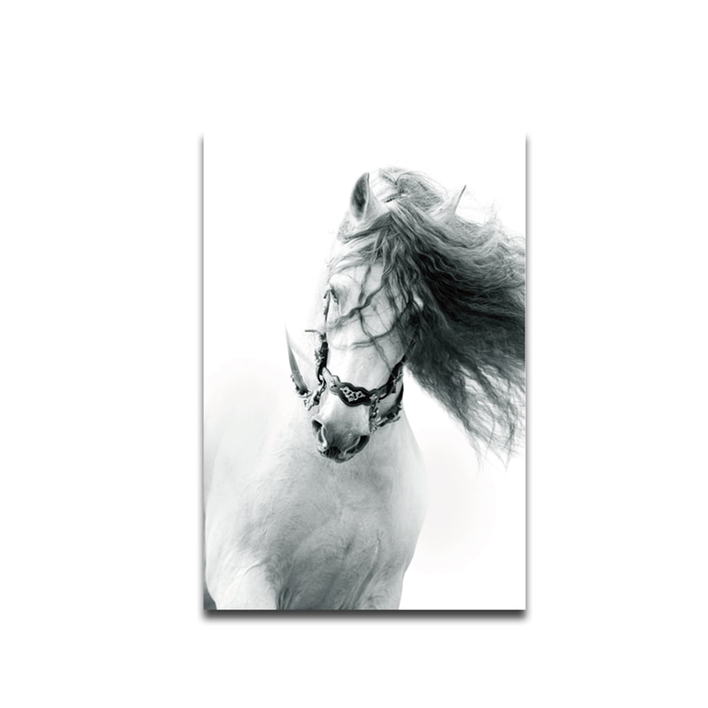Sunlera Running Steed Oil Poster Black White Horse Wall Picture Paintings Frameless Canvas Animal Oil Drawing Photo 