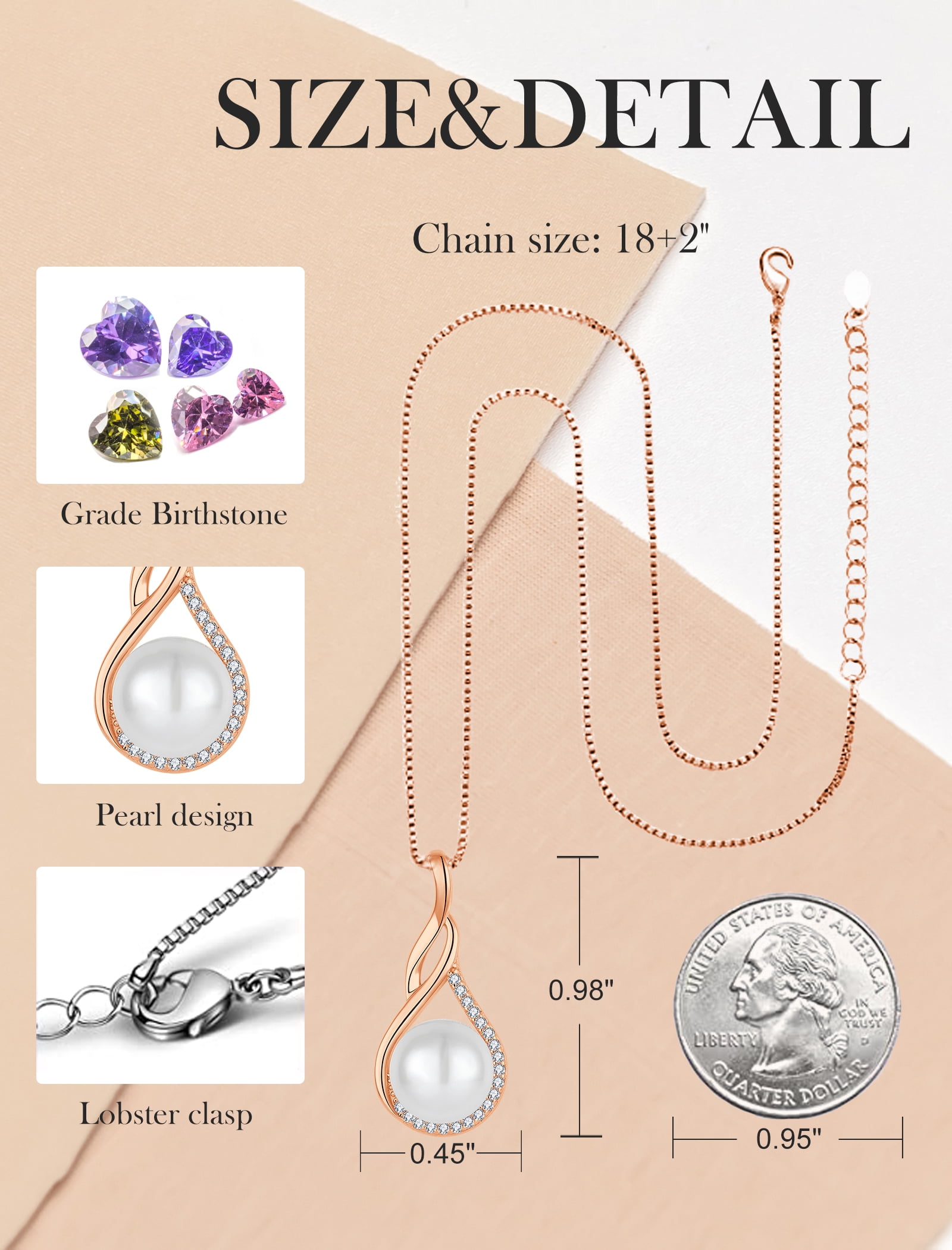 PYNZY Infinity Pearl Necklace for Women, 925 Sterling Silver 18K Rose Gold Plated CZ Pearl Pendant Necklace 9MM Freshwater Cultured Pearl Jewelry Gift