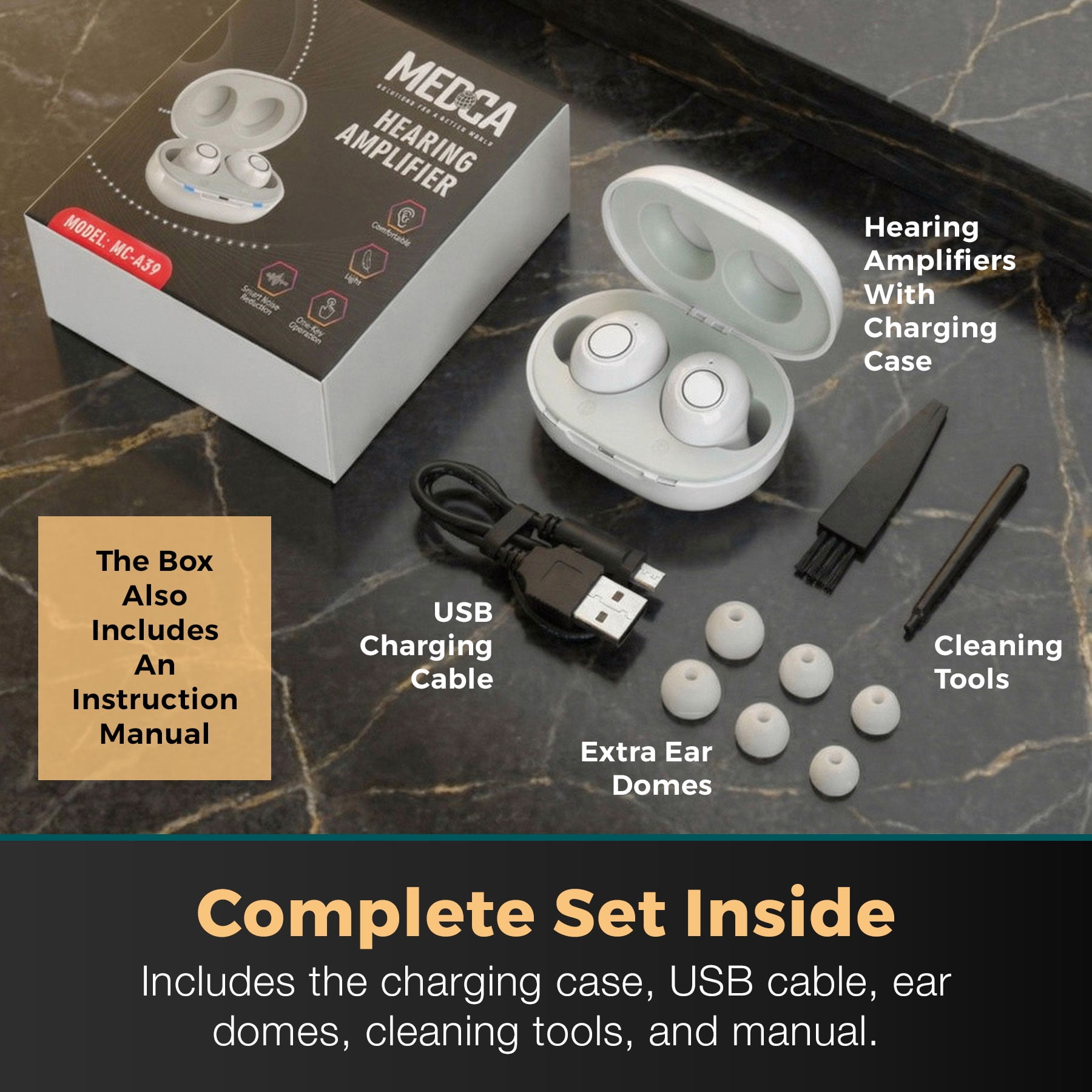 MEDca Digital Hearing Amplifier ITE Rechargeable 2 Piece Set Portable Charging Case - White