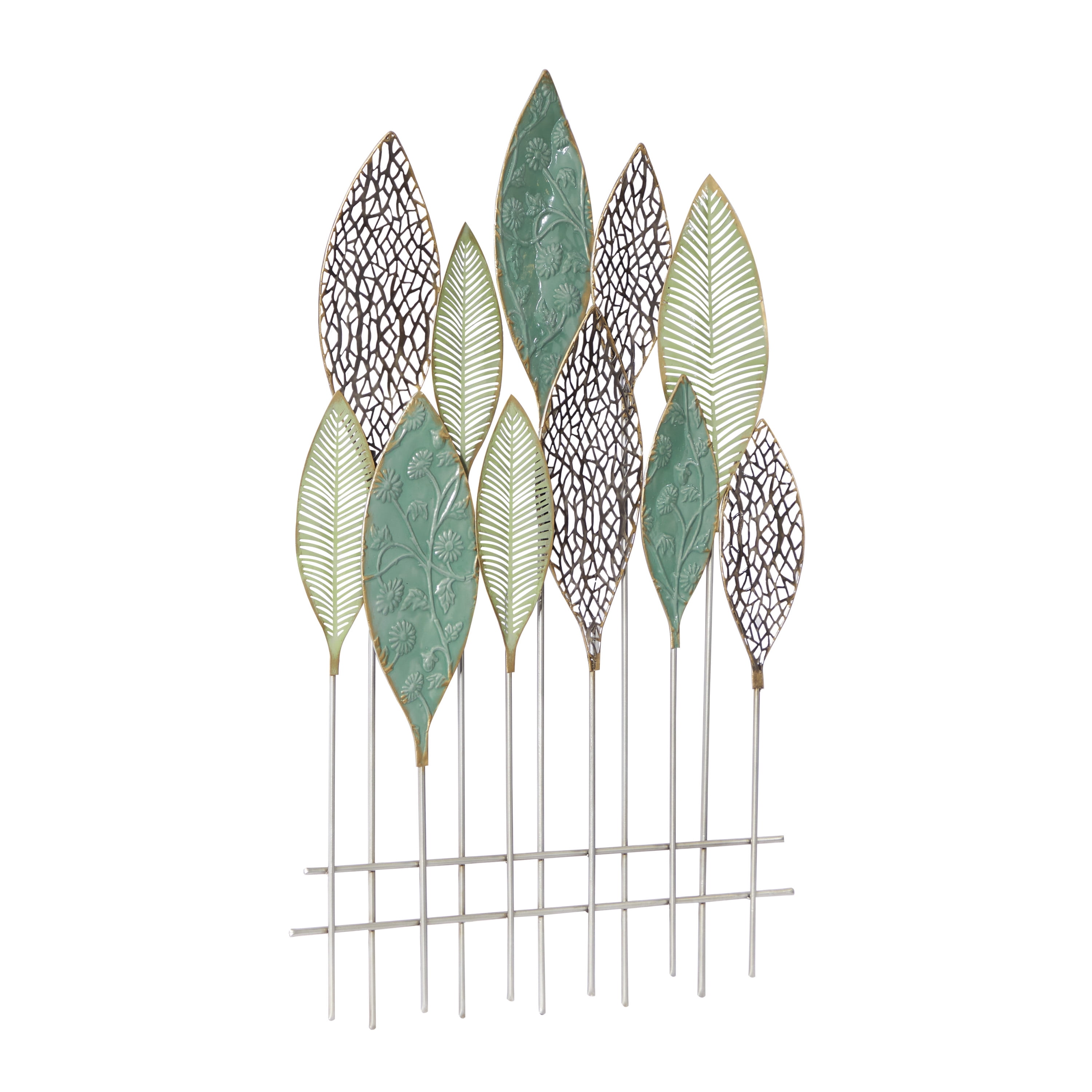 DecMode Green Metal Tall Cut-Out Leaf Wall Decor with Intricate Laser Cut Designs