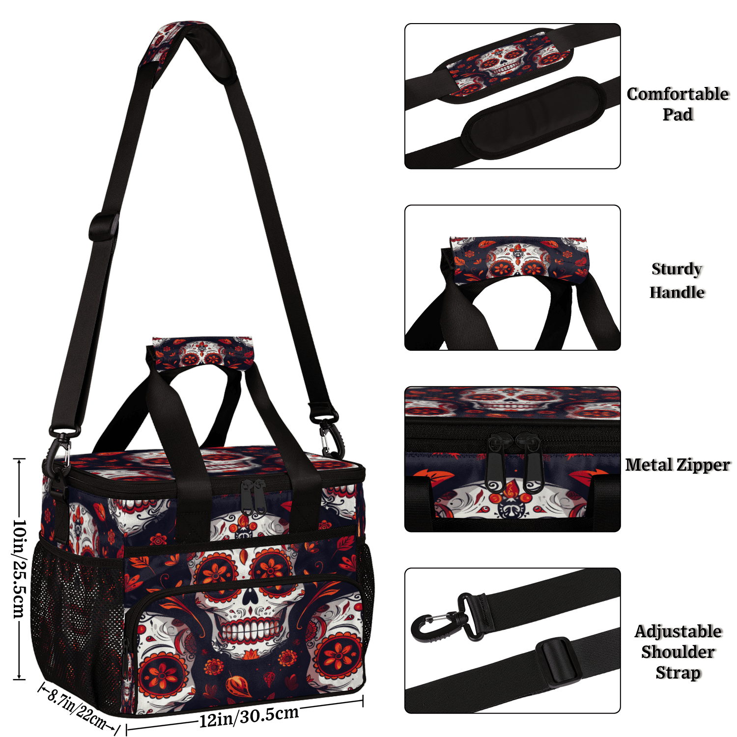 Herdesigns Sugar Skull Mexican Floral Skeleton Large Lunch Box for Adults Women Men with Adjustable Shoulder Strap, Insulated Reusable Lunch Bag Leakproof Cooler Tote Bag
