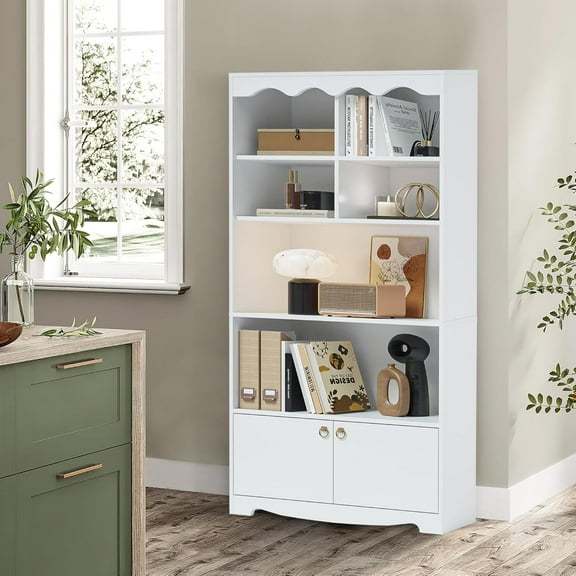 Yeshouse Qeetex 63 Inch Tall Bookshelf with Doors Modern Scalloped Design 5 Tier Storage Cabinet for Home Office Living Room Bedroom Deep Storage Shelves for Heavy Books