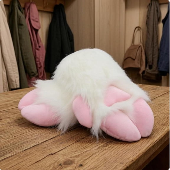 Abbraccia Furry Hoof Gloves Claw-Like Fingers Cosplay Gloves Padded Front Animal Paw Mittens for Fursuit Fans, Cosplayers Wht Fur Pnk Hoof