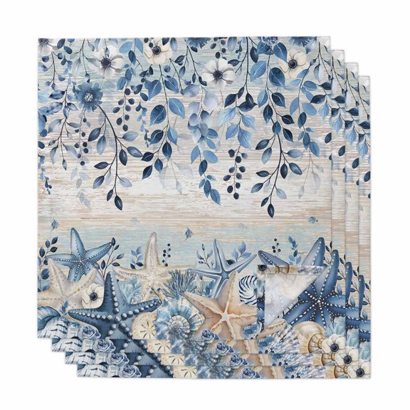 Blue Coastal Starfish Cloth Napkins, Beach Nautical Shell Eucalyptus Vintage Washable and Reusable Dinner Napkins Set of 4, Table Napkin for Kitchen Party Birthday Wedding Hotel Housewarming 20"x20"