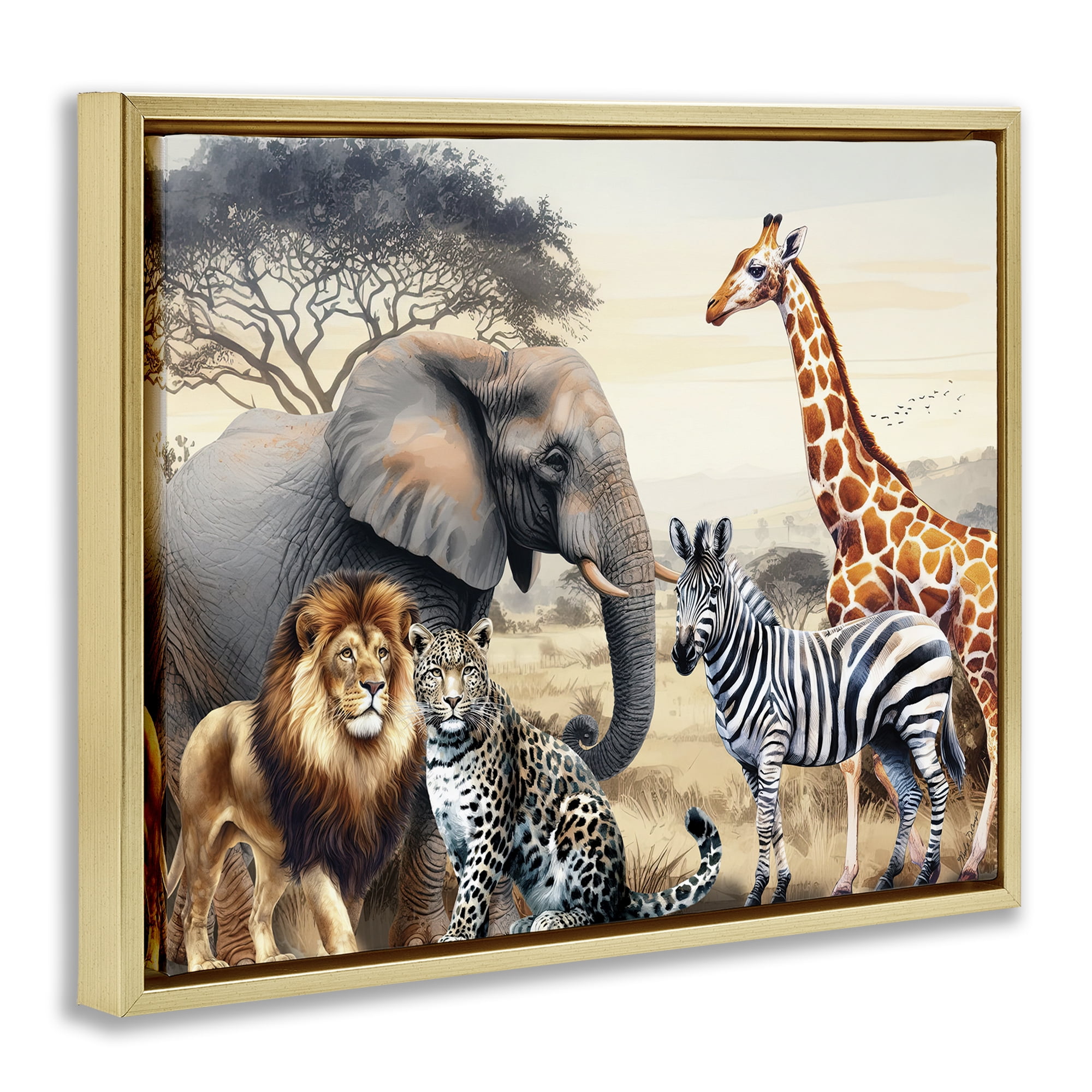 Stupell Industries Grouped Jungle Animals Animals Painting Gold Floater Framed Canvas Art Print Wall Art, 31 x 25