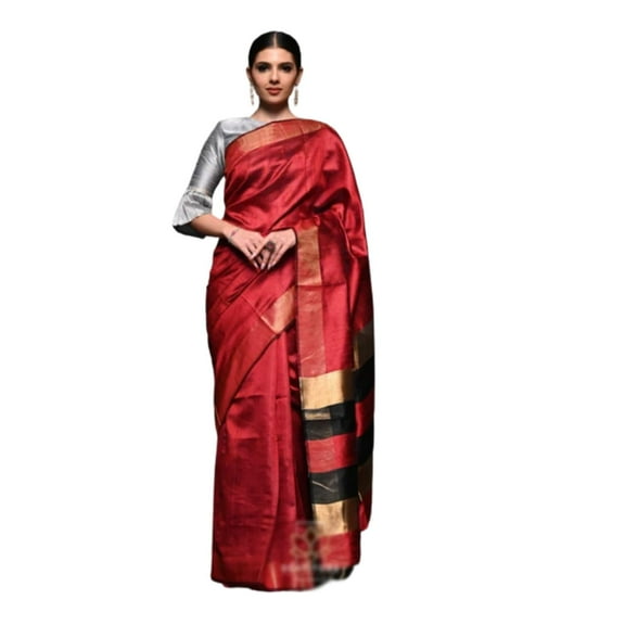 India Meets India Pure Tussar Raw Silk Saree with Silk Mark from Awarded Weavers of Bhagalpur (Dark Red)
