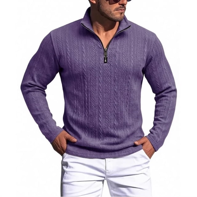SBYOJLPB Men's Fashionable Solid Color Long Sleeved Stand Up Collar Half Zipper Breathable Pullover Top