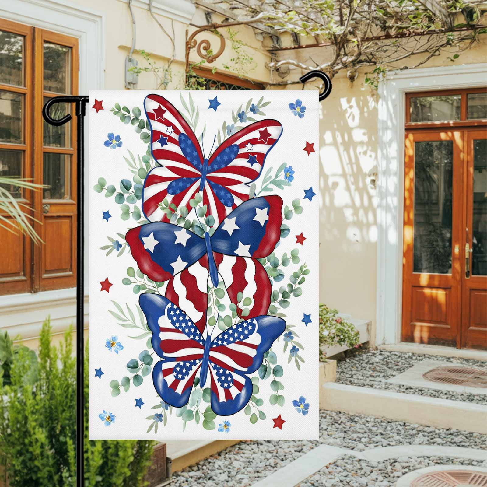 4th of July Garden Flags Patriotic Star Butterfly Garden Flag Double Sided Welcome Flag Eucalyptus Leaves Independence Day Yard Flags for Outdoor Lawn Porch Memorial Day Holiday Decor 28x40 Inch