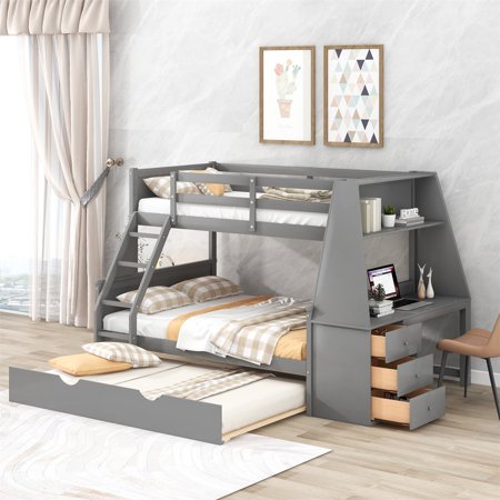 Twin Over Full Bunk Bed with Trundle  Kids Bunk Bed with Built-in Desk  3 Storage Drawers and Shelf  Solid Wood Bed Frame with Ladder and Guardrails for Teens Boys and Girls  Gray