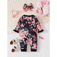 thumbnail image 3 of Kucnuzki Newborn Baby Girls Bodysuits Fall Button Down Long Sleeves Rompers Autumn Floral One-piece with Headband 2PCS Baby Girls Clothes Black 0-3 Months, 3 of 8