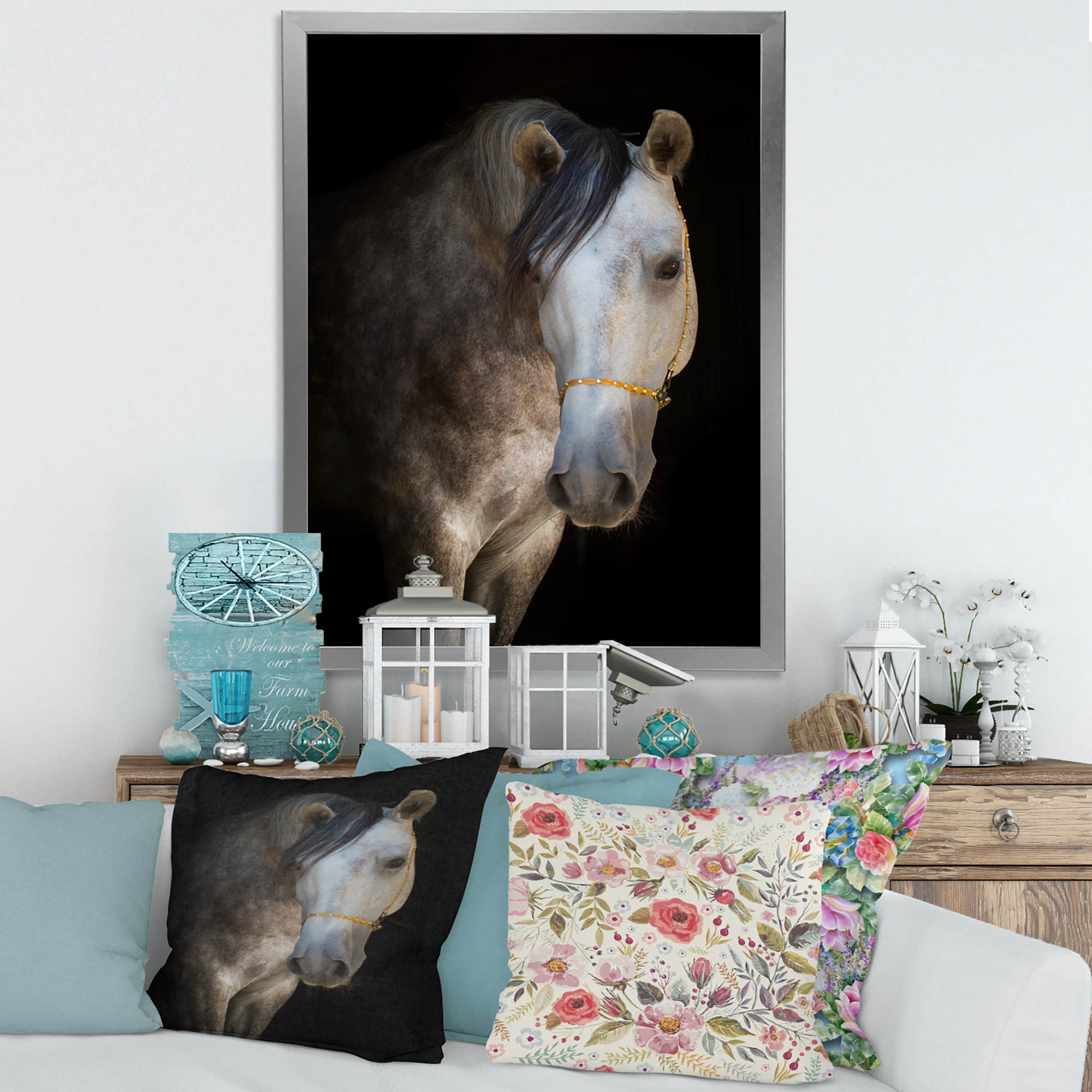Designart 'Close Up Portrait Of A White Horse' Farmhouse Framed Art Print
