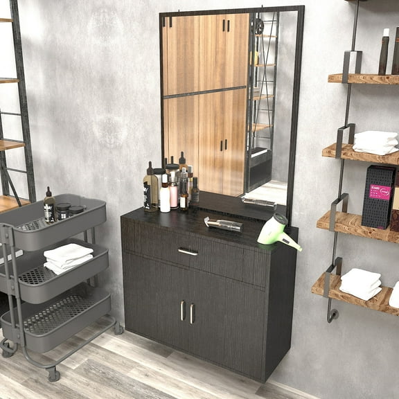 Black Wall Mounted Barber Station Hair Styling Beauty Spa Salon Equipment with Cabinet,Drawer,Mirror