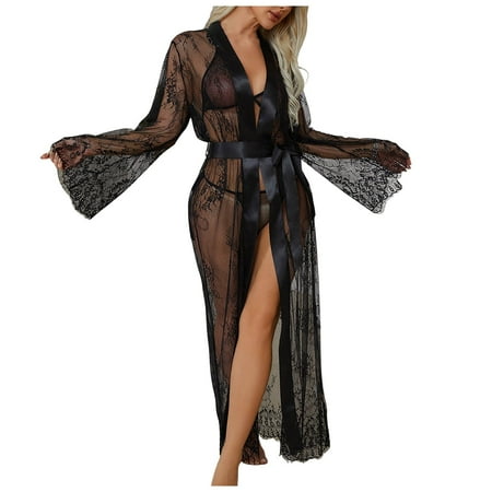 Midwennn Sexy Lace Pajamas See Through Pajamas Home Service Sexy Body Stockings Lingerie Open Cup Lingerie Nightgown with Robe