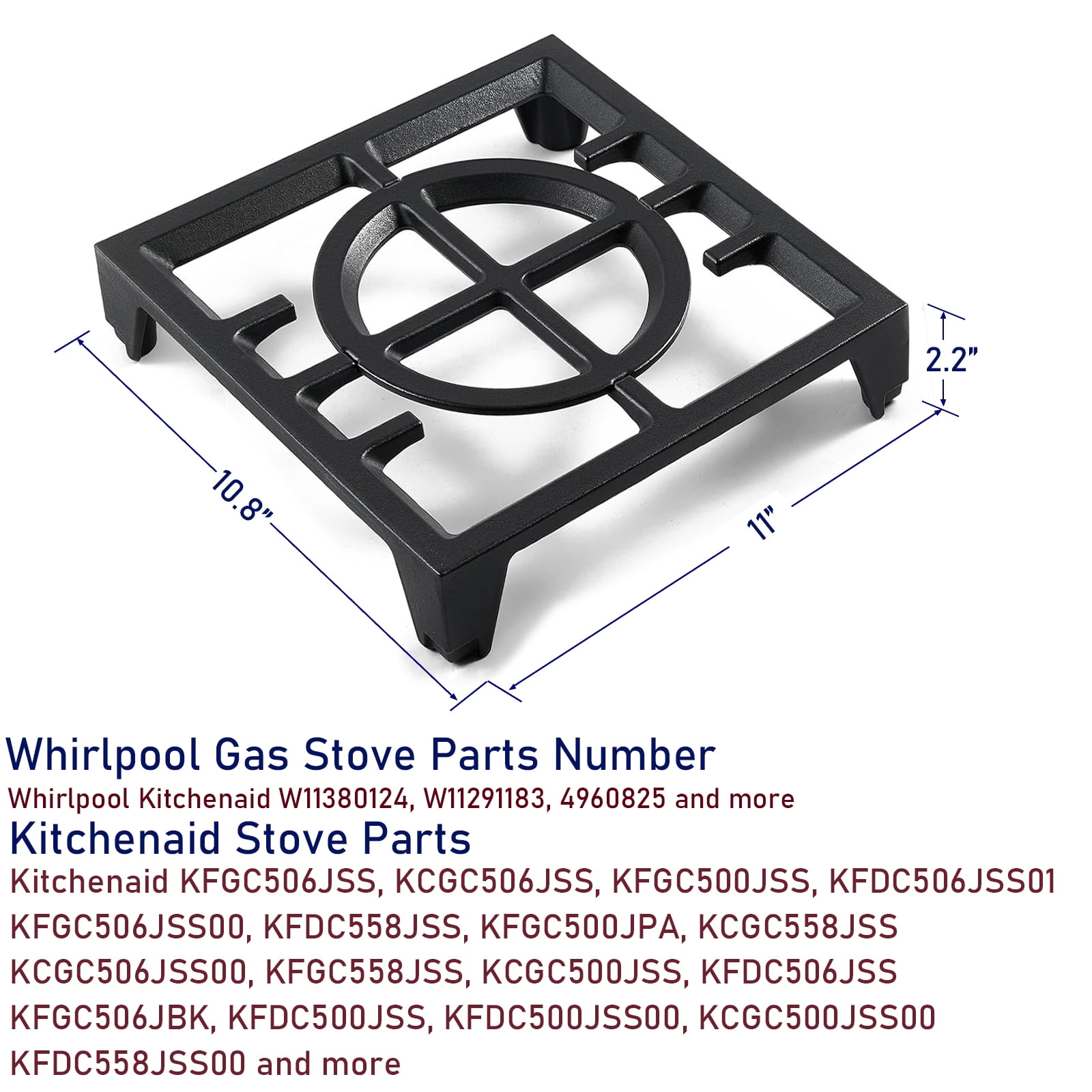 W11380124 Burner Grate Fit for Whirlpool Stove Grate Replacement Parts for Gas Stove, 11’’x10.8’’ Cooking Grate KFGC506JSS KCGC506JSS KFGC558JSS Top Surface Grates