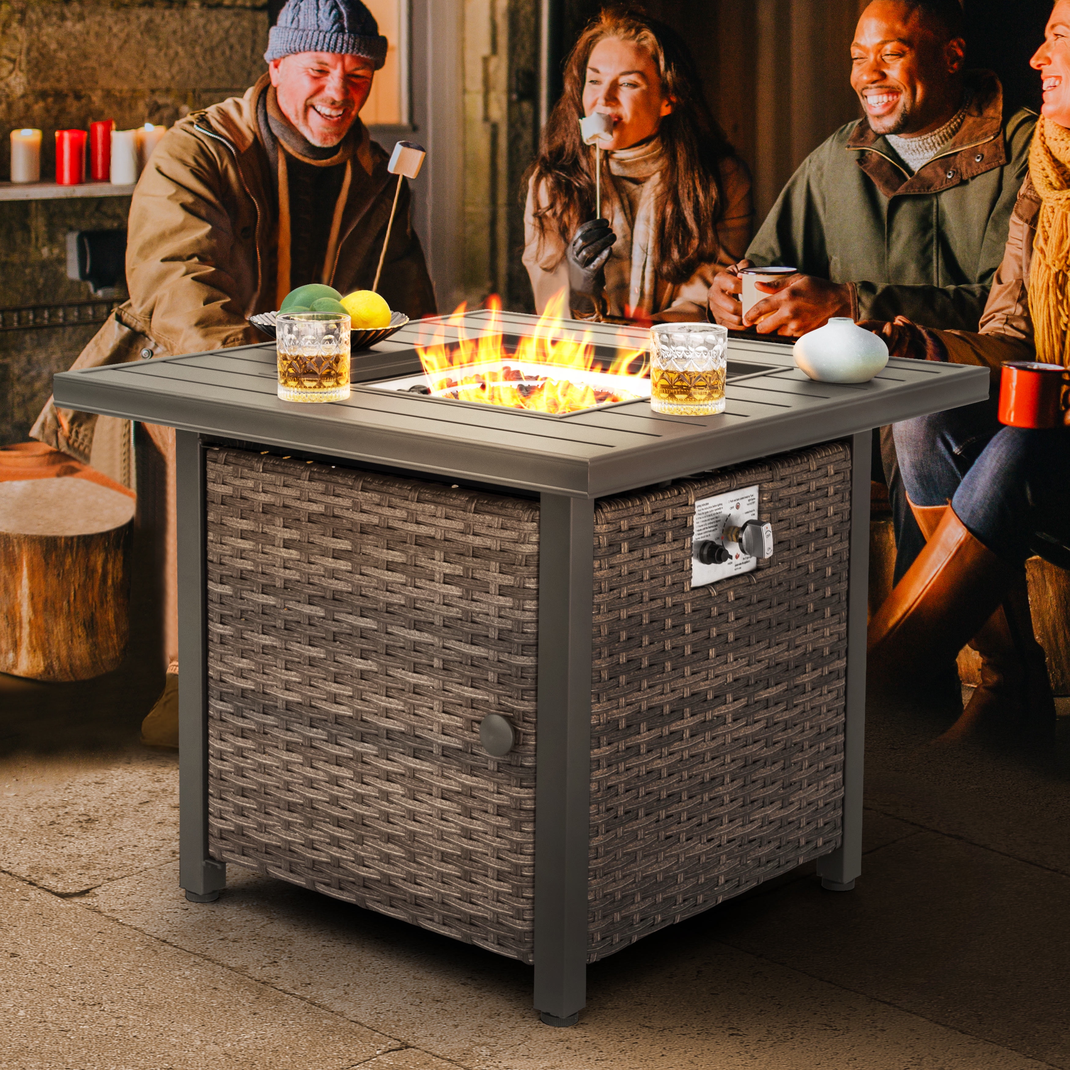 Nuu Garden Square 30" Outdoor Propane Fire Pit Table, 50,000 BTU Gas Fire Pit with Lid, Hand-Woven Wicker, with Glass Beads and CSA Certification