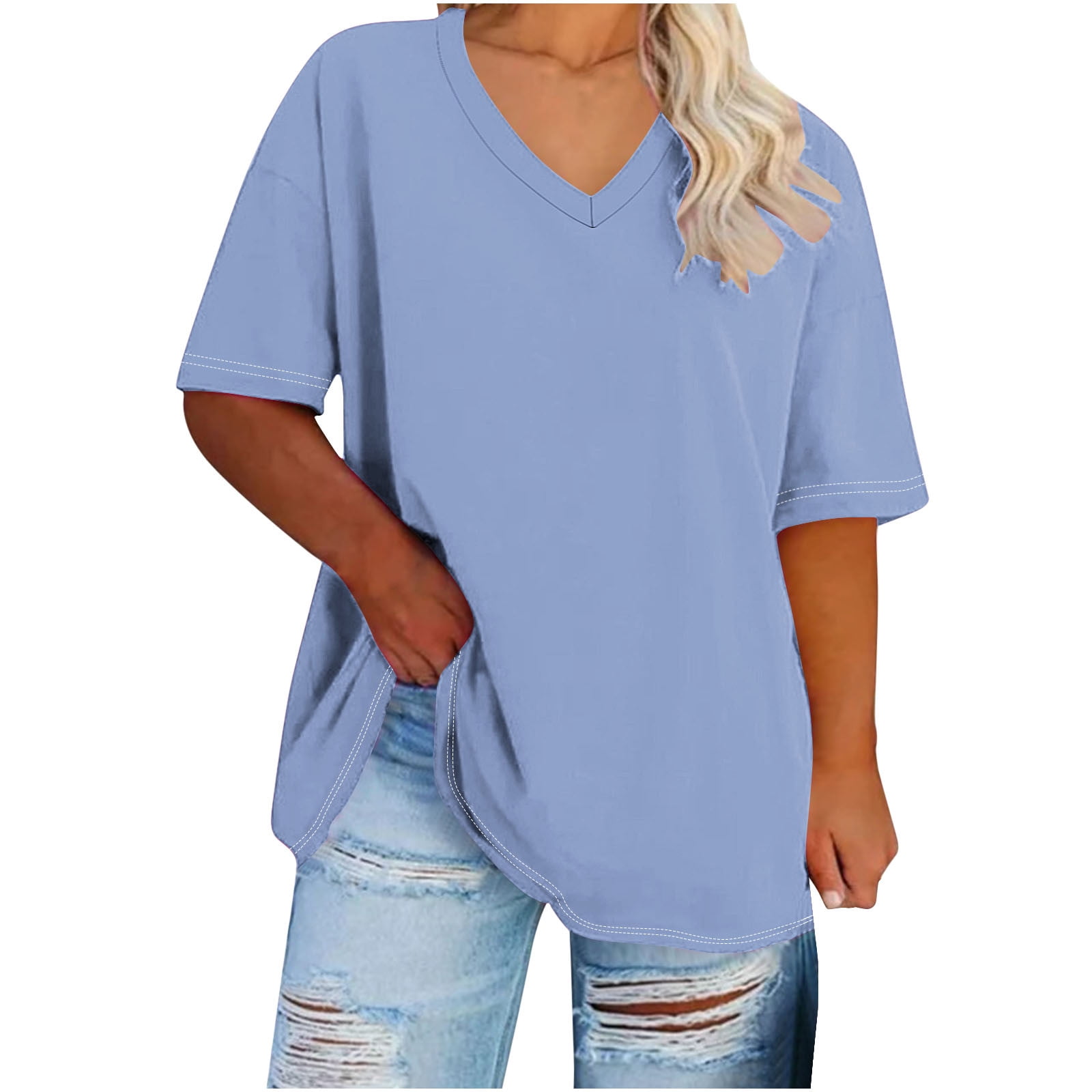 Jgppe Womens Plus Size Casual Tunic Tops V Neck Lightweight Basic Solid Color Loose Short Sleeve Tee Shirts