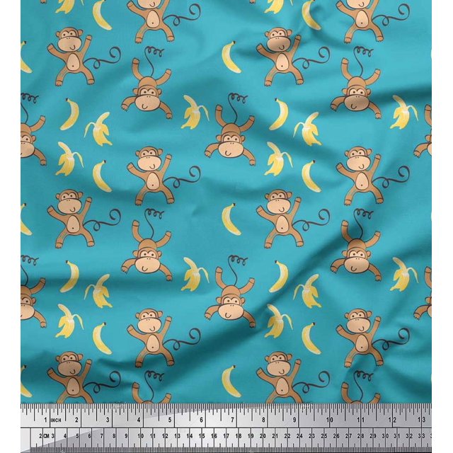 Soimoi Cotton Duck Fabric Banana & Monkey Kids Decor Fabric Printed Yard 56 Inch Wide