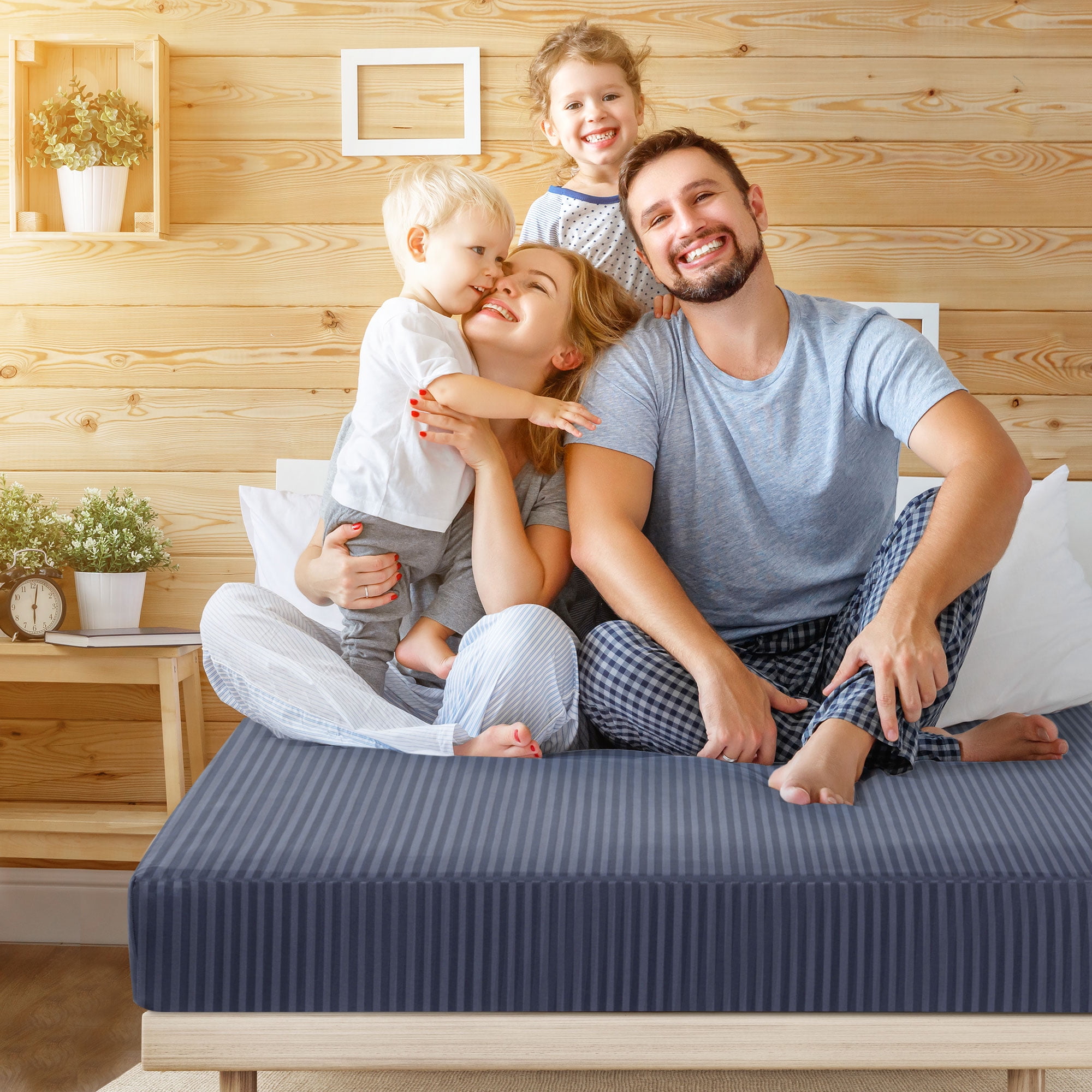 Unique Bargains Soft 100GSM Striped 16 Inch Deep Pocket Fitted Sheets Full Navy Blue