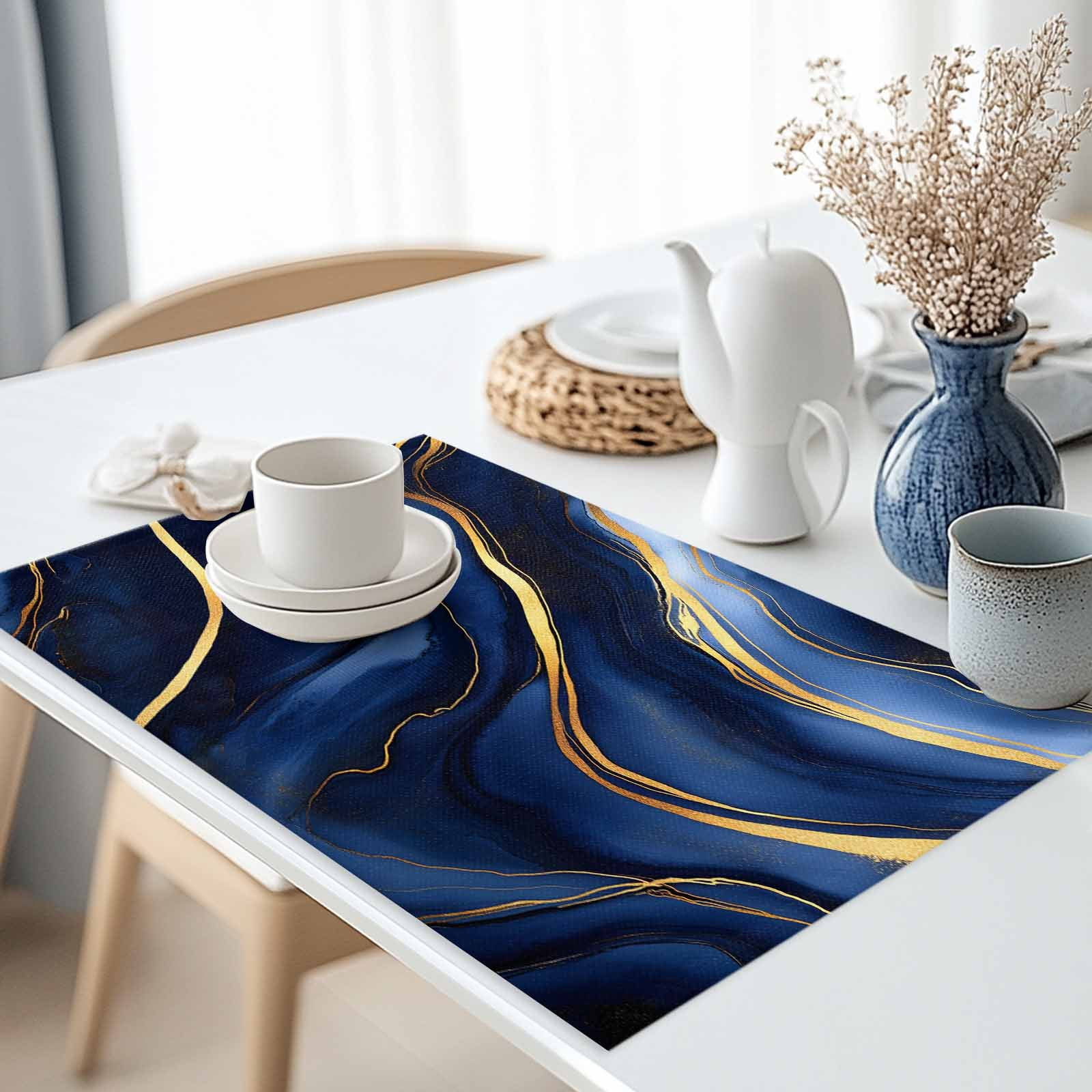 Dark Blue Abstract Marble Texture Placemats Set of 8, Gold Fluid Art Lines Table Mats Washable Heat-Insulation Non-Slip Place Mats for Kitchen Dinner Table Indoor Outdoor Decor,13x19 Inch
