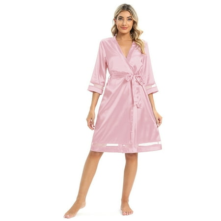 Women Satin Robe Lingerie Silk Bathrobe Solid Color Sleepwear Deep V Party Dress Gown Nightgown Bridesmaid Wedding Bathrobe S-XXL