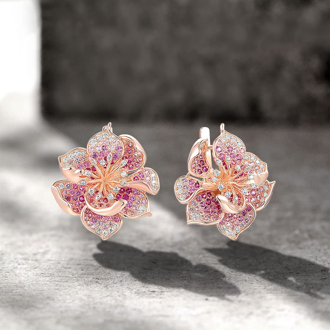 Santuzza 925 Sterling Silver Gemstone Flower Earrings Pink Sapphire Cubic Zirconia Hibiscus Dangle Earrings for Women