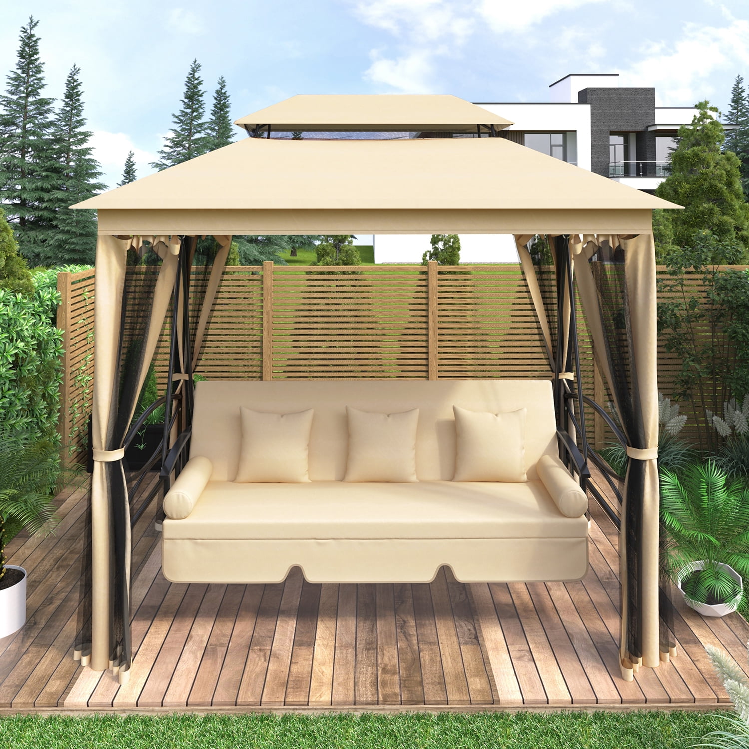 Kadyn Outdoor Canopy Gazebo, Double Roof Soft Canopy with Convertible Swing Bench and Mosquito Netting Suitable, khaki Backyard Gazebo Kadyn Outdoor Canopy Gazebo, Double Roof Soft Canopy with Convertible Swing Bench and Mosquito Netting Suitable, khaki Backyard Gazebo