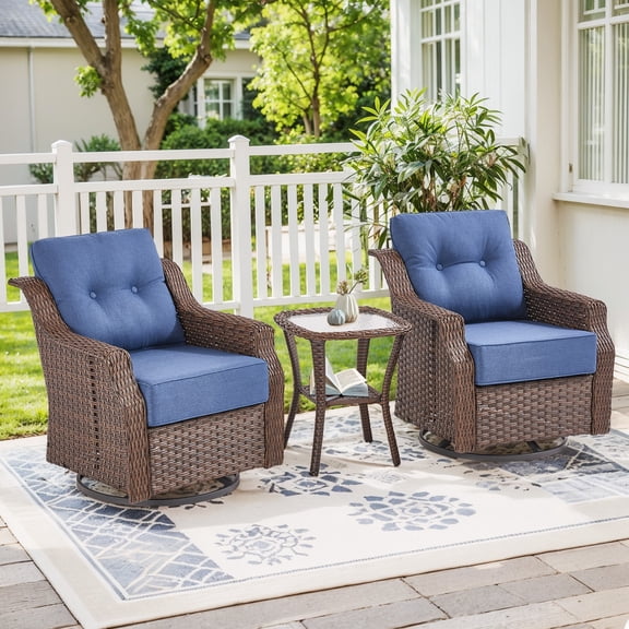 PARKWELL 3-Piece Outdoor Swivel Rocker Chair with Side Table,All-Weather Rattan Swivel Glider Rocking Lounge Chair,Patio Bistro Set for Porch Deck Backyard,Brown/Navy