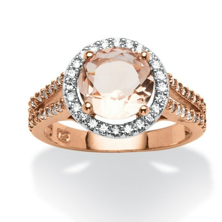 Round Peach Crystal and .50 TCW Cubic Zirconia Halo Ring in Rose Gold over Sterling