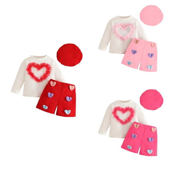 Loopsun Toddler Girls Mesh Heart Print Long Sleeve Round Neck Shirts and Shorts Outfit with Hat Hot Pink, 6-9 Months
