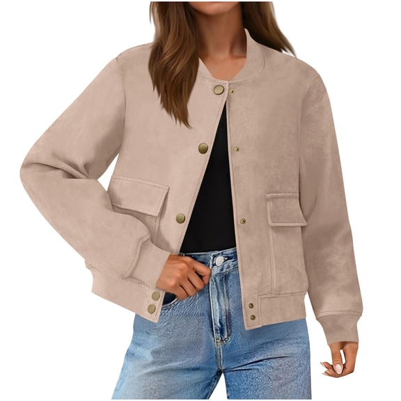 UQJfacai Womens Faux Suede Cropped Jacket Casual Lightweight Bomber Jacket Fall Winter Button Down with Pockets