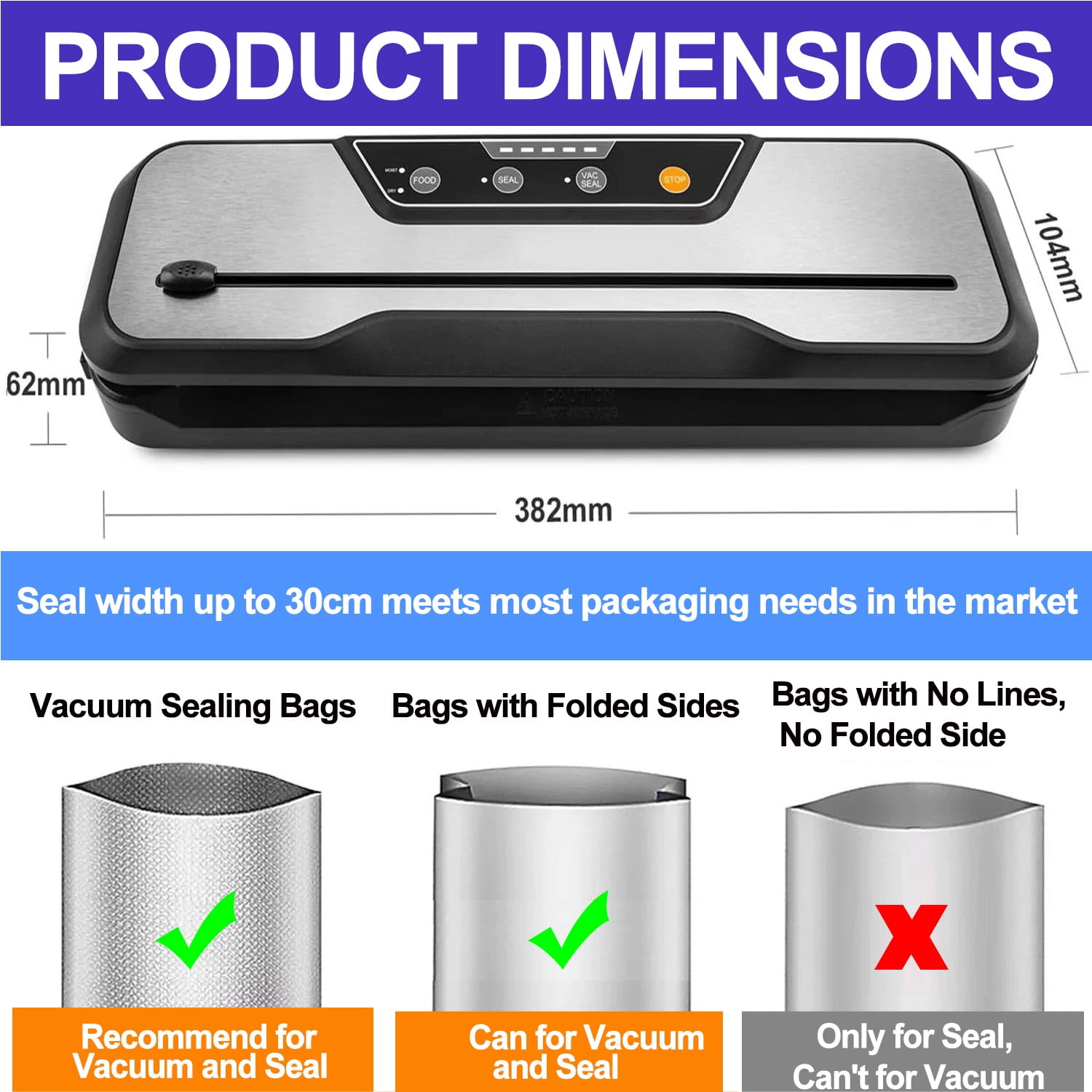 Food Vacuum Sealer Machine with 2 Rolls Food Vacuum Sealer Bags, Food Storage Saver Dry & Moist Food Modes, Led Indicator Lights, Easy to Clean, Compact Design