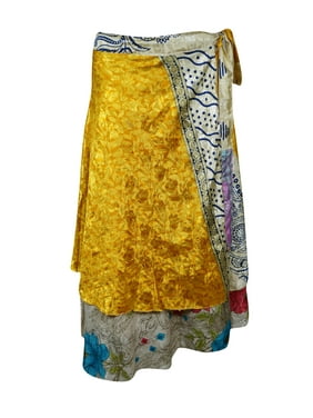 Mogul Women Yellow Magic Wrap Skirt 2 Layer Printed Indian Vintage Sari Reversible Beach Wear Wrap Around Skirts