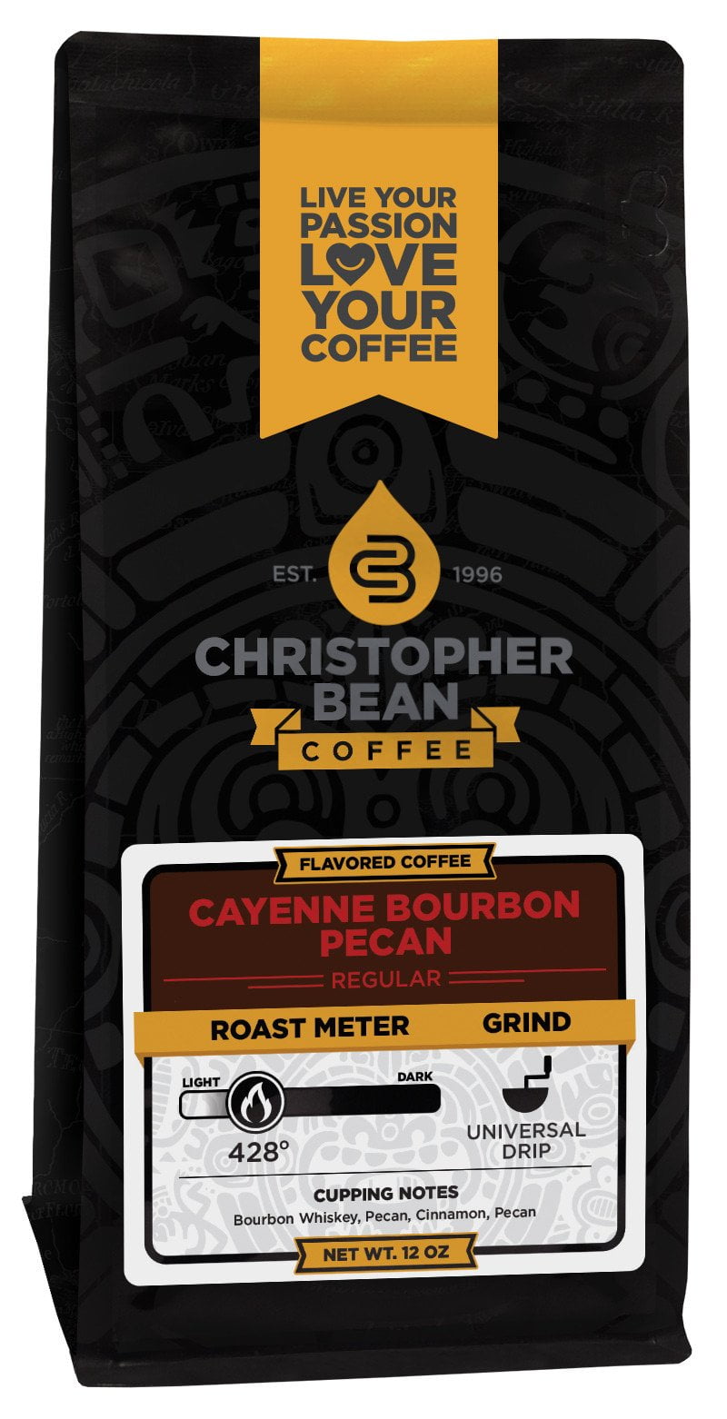 Cayenne Bourbon Pecan Flavored Regular Ground Christopher Bean Coffee, 100% Arabica, No Sugar, No Fats, Made with Non-GMO Flavorings, 12 Oz Bag